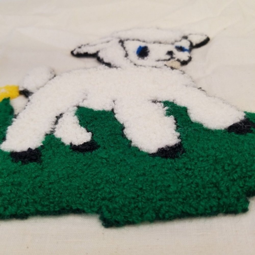 Vintage Hand Embroidered Quilt Square Handmade Spring Lamb Unfinished Animal - Picture 2 of 8
